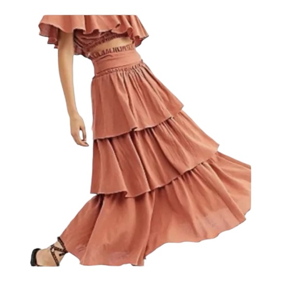 Free People Go For Drama Set One Shoulder Ruffle Tiered Cotton Womens Small New - Picture 2 of 6